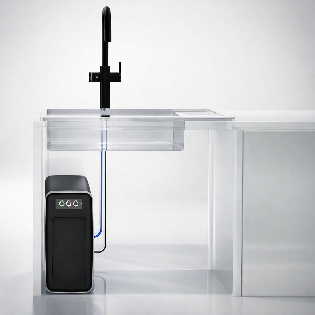 Schemat przepływu wody z jednostki centralnej do baterii trójdrożnej w dyspenserze EcoWater Optimo